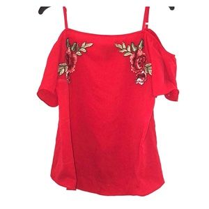 Cherry colored off the shoulder blouse